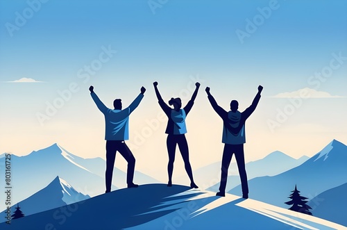 Together overcoming success with people holding hands up in the air on mountain top , celebrating teamwork success and achievement.