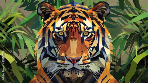 Colorful geometric illustration of a regal tiger amidst vibrant jungle foliage