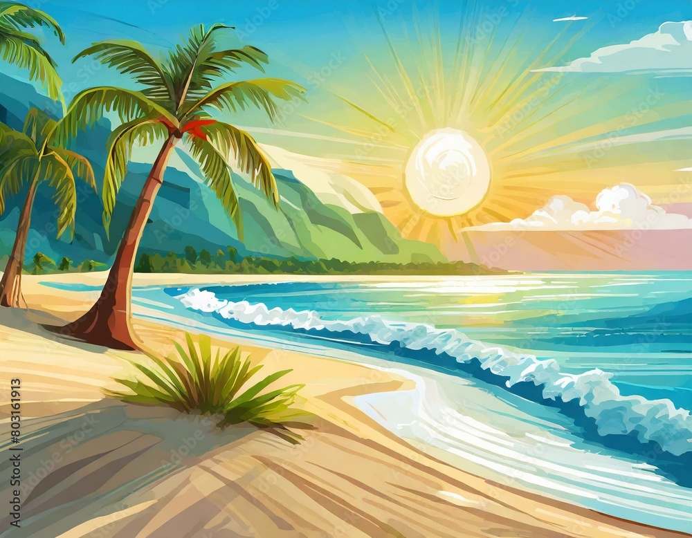 Summer tropical beach landscape  with some large  palm trees and a few green hills in the backgroundin a sunny afternoon