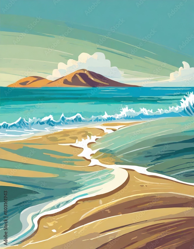 summer beach landscape at sunset with a small island in the background, at sunset summer beach landscape at sunset with a small island in the background, at sunset