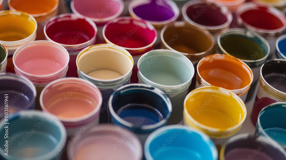 A close-up of various colored paint buckets. A close-up of various colored paint buckets.