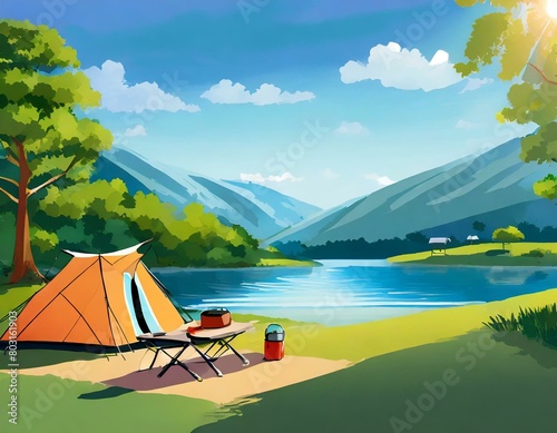 Landscape view of a lake surrounded by mointains and a green forest with a small tent and a camping table placed near the shore photo