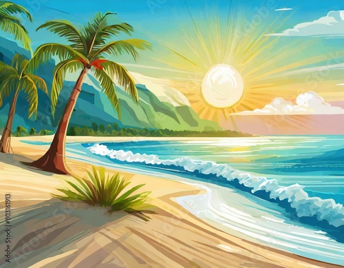 Summer tropical beach landscape  with some large  palm trees and a few green hills in the backgroundin a sunny afternoon