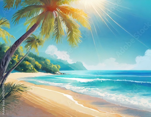 Summer tropical beach landscape  with some large  palm trees and a few green hills in the backgroundin a sunny afternoon