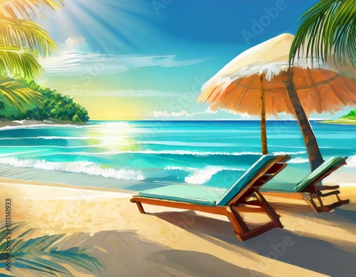 Summer tropical beach landscape  with some lounge chairs and palm trees in a sunny afternoon