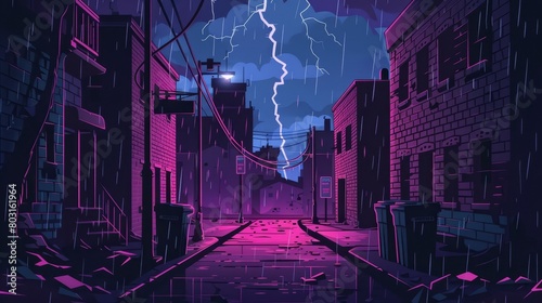 A dark alleyway with old city houses and neon signs in the rain, garbage bins and lightning in the sky, modern cartoon illustration of a backstreet alley in the city at night. photo