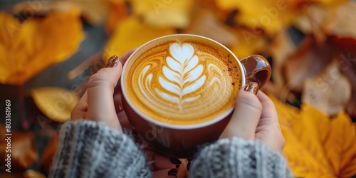 Female hand in sweater holding coffee cup with a beautiful latte art outdoors. Autumn aesthetic concept. Cappuccino coffee red mug, yellow fall leaves background. Cozy autumnal composition. Hot drink photo