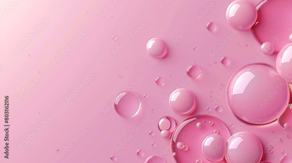 The background features pink water drops and a horizontal backdrop with scattering spherical aqua bubbles, wet liquid texture. Template for advertising beauty products, skincare products, cosmetics,