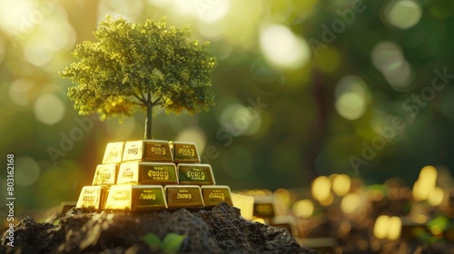 A tree made of gold growing out of a pile of gold bars. photo