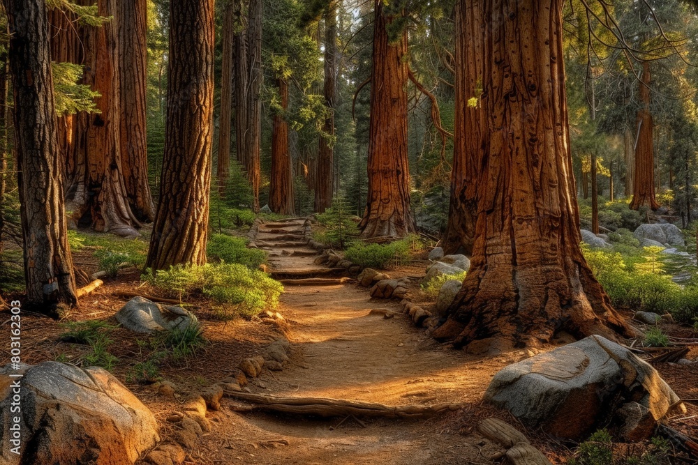 Fototapeta premium A serene forest path surrounded by towering sequoia trees, inviting contemplation and connection with nature