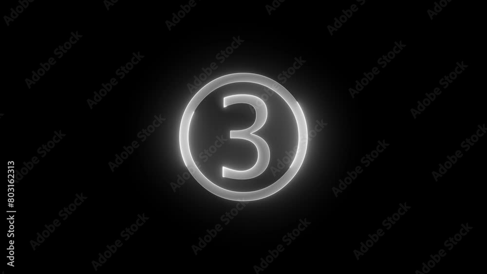 Three number icon glowing neon white color animation black background Three number icon glowing neon white color animation black background