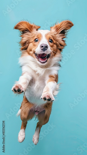 Young dog jumping up on pastel blue background