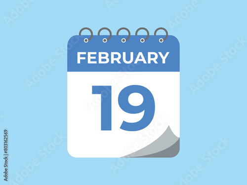 February 19 calendar reminder. 19 February daily calendar icon template. Calendar 19 February icon Design template. Vector illustration
