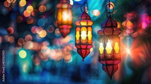 Colorful Ramadan lanterns and lights in street. Festive greeting card for the holy month of fasting and celebration.