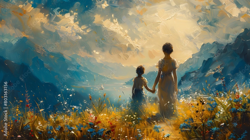 Obraz premium A peaceful landscape painting featuring a mother and child walking hand in hand