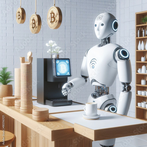 A minimalist Japanese-style white coffee shop. Decorated with wooden handicrafts, hire a state-of-the-art AI robot with a human face to make coffee. Bitcoin payment counter