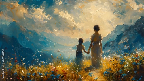 A peaceful landscape painting featuring a mother and child walking hand in hand photo