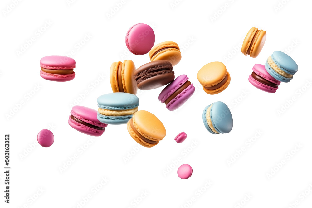 Set of colorful floating macarons PNG Pastry flying on the air isolated on Transparent and white background - French Dessert Buttercream Sandwich restaurant advertising Concept Set of colorful floating macarons PNG Pastry flying on the air isolated on Transparent and white background - French Dessert Buttercream Sandwich restaurant advertising Concept