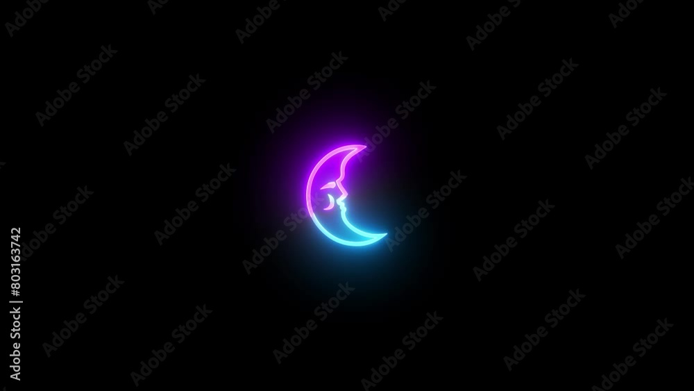 Neon moon icon cyan purple color glowing animated black background Neon moon icon cyan purple color glowing animated black background