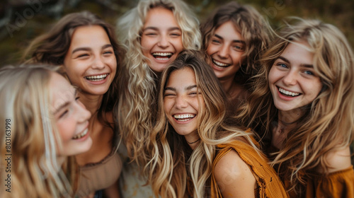 Five young attractive women with long blond hair smiling and laughing together.