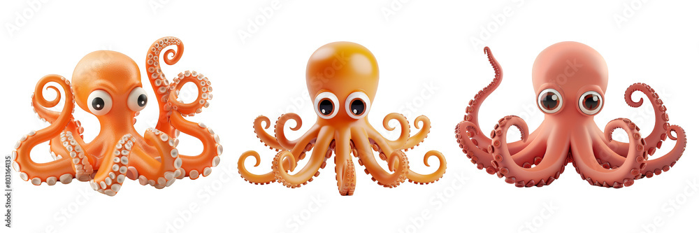PNG octopus 3d icons and objects collection, in cartoon style minimal on transparent, white background, isolate PNG octopus 3d icons and objects collection, in cartoon style minimal on transparent, white background, isolate