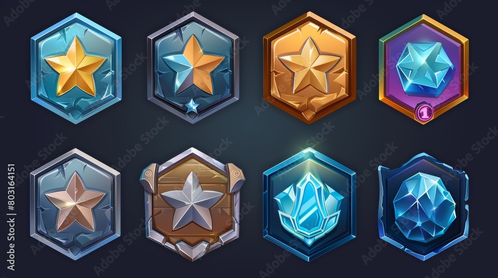 Modern illustration of hexagon medals with star, wooden, stone, golden, silver metal texture, isolated on dark blue background. Collection of badges for different levels. Modern illustration of hexagon medals with star, wooden, stone, golden, silver metal texture, isolated on dark blue background. Collection of badges for different levels.