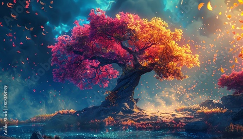 Craft a digital 3D rendering of a surreal, pixelated Oak tree landscape Make the viewer feel transported into a dreamlike world through vibrant colors and intricate details photo