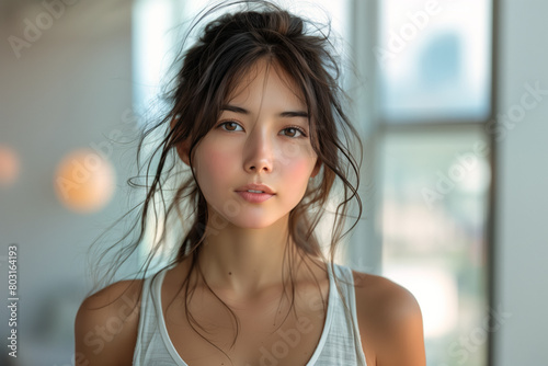 Close-up portrait of an asian model with a minimalist blurry background