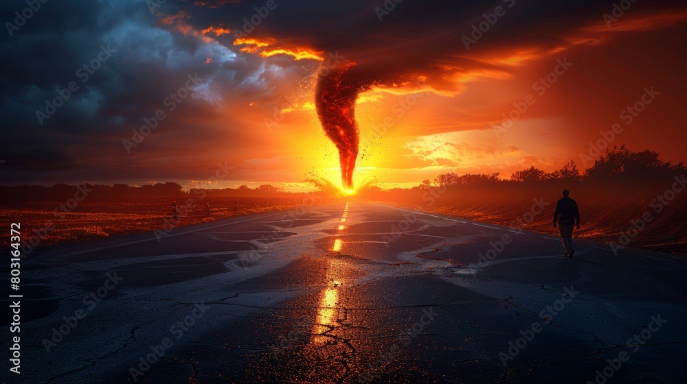 Obraz premium A menacing tornado emerges from the sky, poised to unleash its destructive force upon an unsuspecting field. A majestic tornado is forming over calm farmlands.