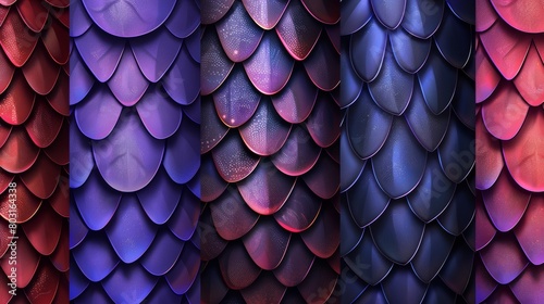 Seamless patterns of blue, purple, and red squama of fish, mermaid, reptile, or fantasy monster, modern cartoon image.