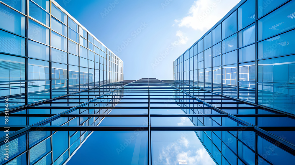 glass office building on blue sky background. closeup of the exterior wall.