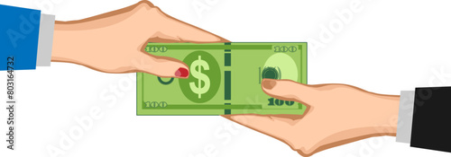 two hands holding of two  people one hundred dollar bills illustration