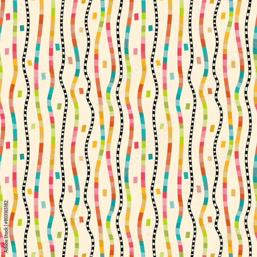 A vertical seamless vector graphic featuring multicolored neon stripes on a beige background. Psychedelic and dynamic, it is perfect for wallpaper, textiles, and technology projects.