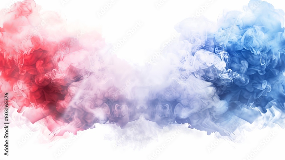 Transparent background with smoke, dust or fog clouds. Smog effect, red and blue steam with particles, realistic modern illustration.