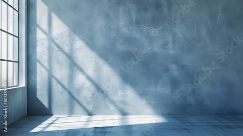 Empty room with blue wall and sunlight. 3d rendering mock-up