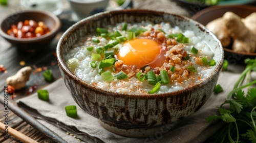 A bowl of food with an egg and green onions. The bowl is on a table with other bowls and a spoon