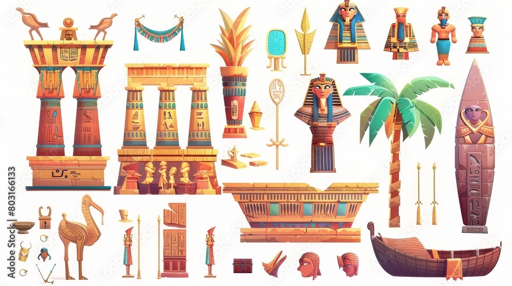 Modern set of Egypt temples, sarcophagi, and pharaohs. Ancient Egyptian travel icon set. Tourist object for history infographics.