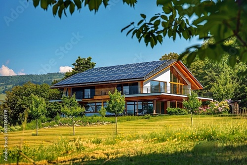 House with solar panels on the roof in the countryside
