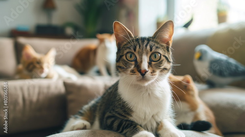 Cute cat sitting with a friendly expression, surrounded by other pets like dogs and birds. Cozy living room with natural light © Mars0hod