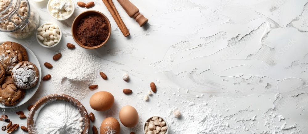 A baking scene with cake or cookie ingredients displayed on a white slate, stone, or concrete surface. Viewed from above with empty space for text. A baking scene with cake or cookie ingredients displayed on a white slate, stone, or concrete surface. Viewed from above with empty space for text.