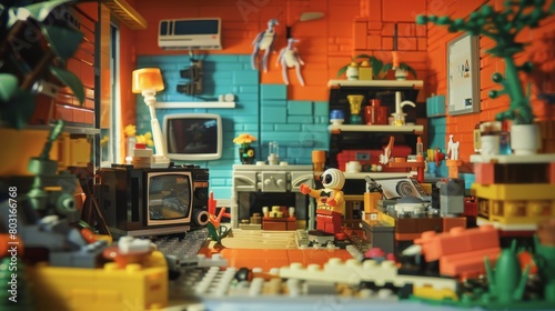 Colorful LEGO diorama of a detailed dream scene kitchen with whimsical decorations © Yusif