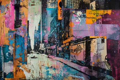 Capture the essence of urban exploration in a mixed media collage blend of gritty textures and vibrant colors  using acrylic paints and ink Present the cityscape from a dynamic low-angle perspective t