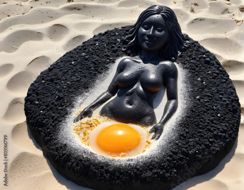 Elemental Fusion: Giant Lava Stone on Indian Ocean Beach with a Female Body Sculpted from Lava, Topped with a Sunny-Side-Up Egg photo