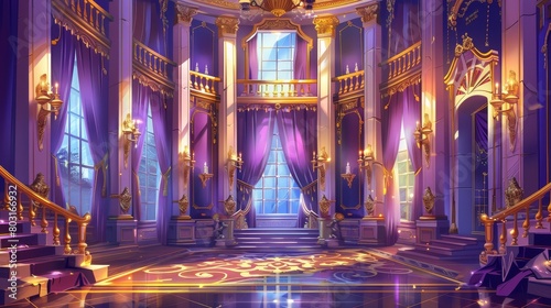 Illustration of medieval banquet room in baroque style with columns, stairways, curtained windows, and gold chandeliers. Interior of a castle hall with columns, staircases, curtains, and gold photo
