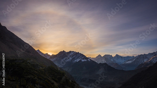 First light one morning on a cold snowy mountain