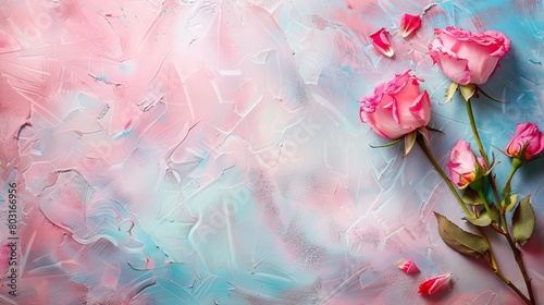 Pink roses on a blue background. The roses are in full bloom and are the focal point of the image. The blue background adds a sense of calmness and serenity to the scene