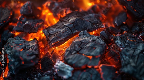 The image is of a pile of charcoal with a fire burning in the middle. Scene is intense and dramatic, as the fire seems to be consuming the charcoal