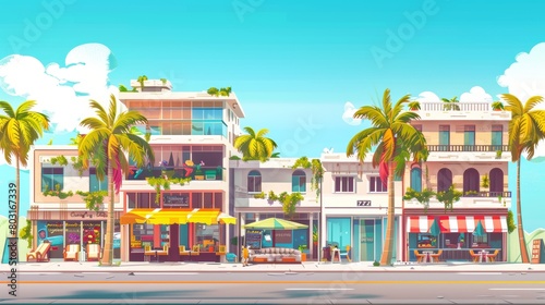 The Miami city skyline with buildings, palm trees and street. A modern cartoon illustration of a hotel with chairs on the roof and a pizza restaurant with umbrellas. A sunny day in a summer resort