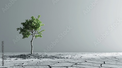 A small tree is standing in a barren, rocky landscape. The tree is the only sign of life in the desolate area. The barrenness of the landscape photo