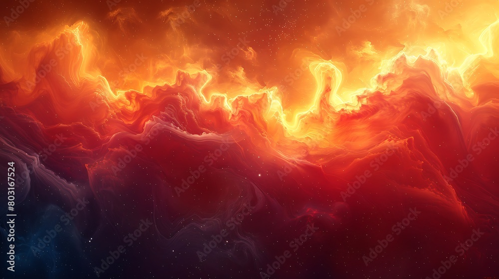 Fototapeta premium Show a dynamic display of cosmic auroras, with vibrant waves of red and yellow dancing across the atmosphere of a distant planet.